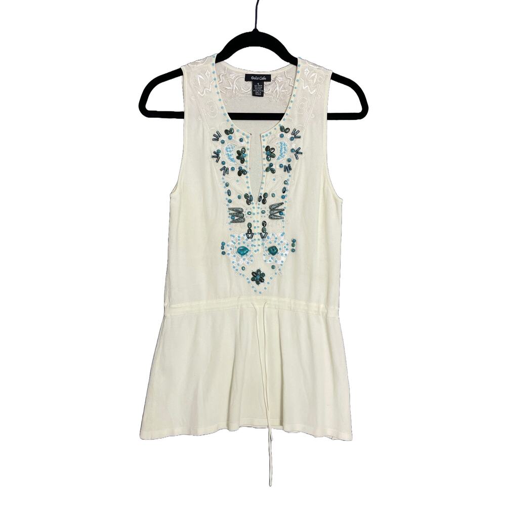Boho Turquoise Beaded Embroidered Sleeveless Shirt Size Small Coastal Beach - Picture 1 of 5